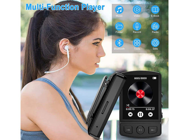 T6 Bluetooth MP3 Player New 32GB with 1.8" TFT Touch Screen, FM Radio, HD Voice Recording, Pedometer, Bluetooth v5.3, Clip-On Design