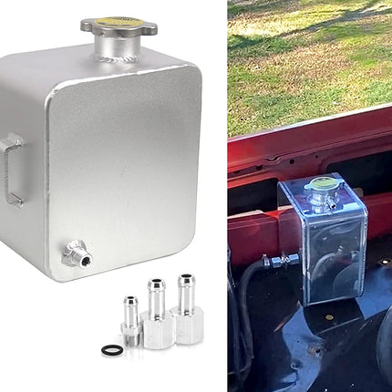 Aluminum fuel tank with a side handle, top cap, bottom drain, and four metal adapter fittings shown on a white background, alongside a side-by-side in-use photo of the tank installed in a red vehicle engine bay.