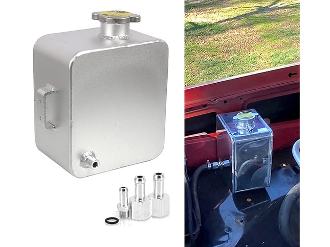 Aluminum fuel tank with a side handle, top cap, bottom drain, and four metal adapter fittings shown on a white background, alongside a side-by-side in-use photo of the tank installed in a red vehicle engine bay.