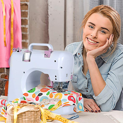 Woman sitting at a sewing machine with a colorful fabric in a home setting
