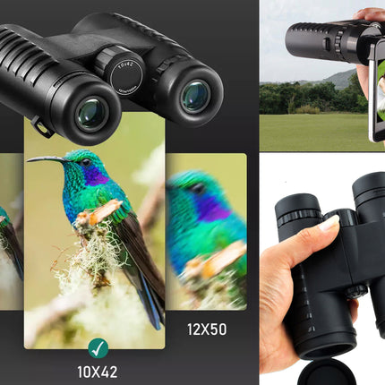 Binoculars with different magnification options shown on a collage with birds and a smartphone.