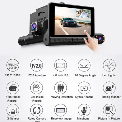 Black dash cam with a 10-inch touchscreen display and side LED lights, shown with a hand touching the screen and a grid of feature icons below on a light gray background.