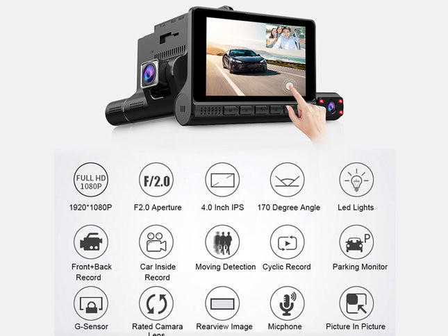 Black dash cam with a 10-inch touchscreen display and side LED lights, shown with a hand touching the screen and a grid of feature icons below on a light gray background.