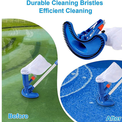 Pool cleaning tool with durable bristles shown before and after use on a pool.
