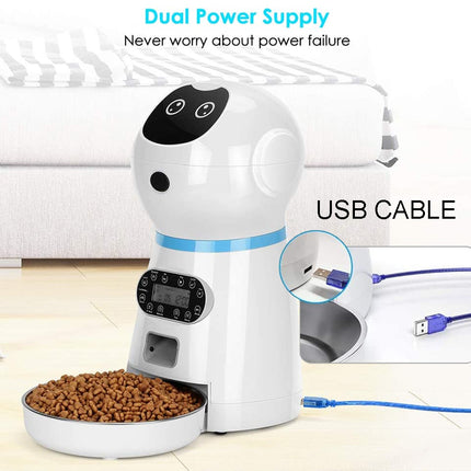 Pet feeder with dual power supply feature, showing USB cable connection.