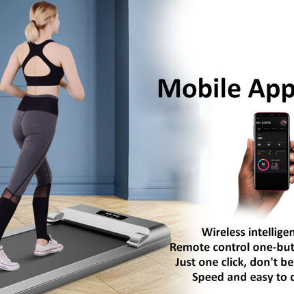 Woman using a treadmill with a smartphone displaying a mobile app interface.