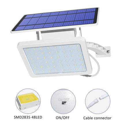 Solar light fixture with solar panel and LED lights on a white background