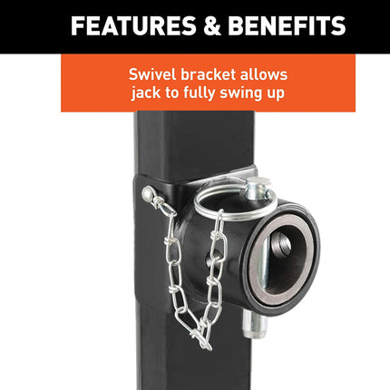 Swivel bracket on a jack with an orange feature box highlighting its function.