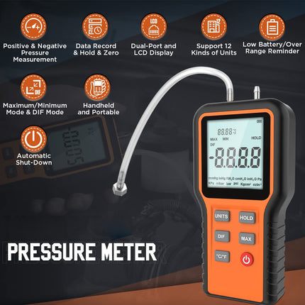An orange and black digital pressure meter with a curved probe, shown on a dark promotional background with feature icons and the text 'PRESSURE METER'.
