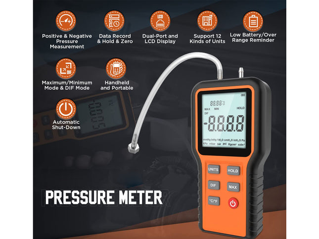 An orange and black digital pressure meter with a curved probe, shown on a dark promotional background with feature icons and the text 'PRESSURE METER'.