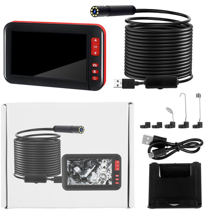 A professional endoscope camera inspection kit with a handheld monitor, flexible cable, USB connector, various probe tips, a power adapter, and its retail box, all arranged on a clean white background.