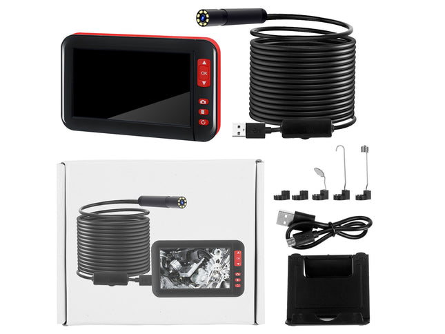 A professional endoscope camera inspection kit with a handheld monitor, flexible cable, USB connector, various probe tips, a power adapter, and its retail box, all arranged on a clean white background.