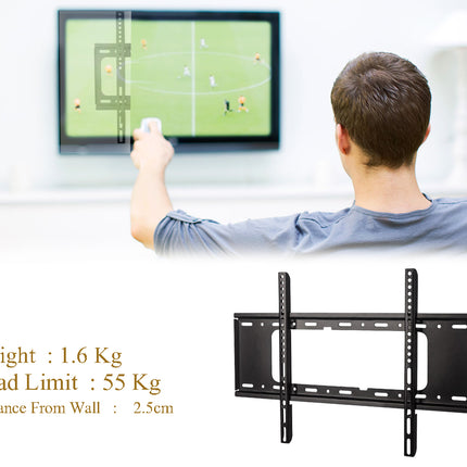 Man playing video games on a TV with a wall mount below it, showing weight, load limit, and distance from wall details.