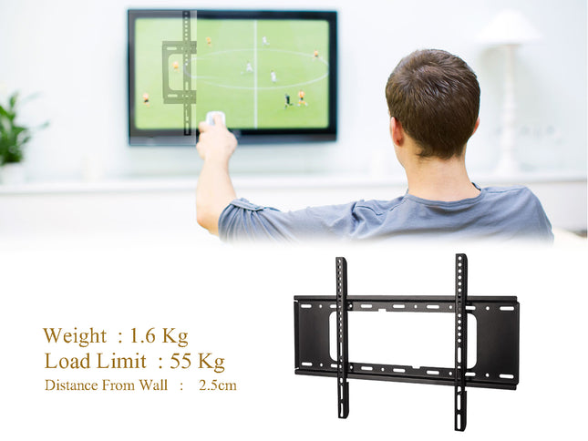 Man playing video games on a TV with a wall mount below it, showing weight, load limit, and distance from wall details.