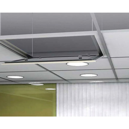 Ceiling-mounted air conditioning unit in an office setting with glass partitions.