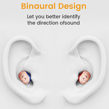Binaural design earbuds shown in a 3D illustration of an ear with text highlighting their sound direction identification feature.