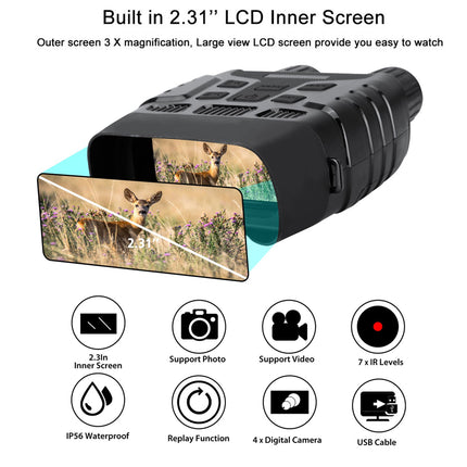 Black wildlife camera with 2.31-inch LCD screen and various features listed on a white background.