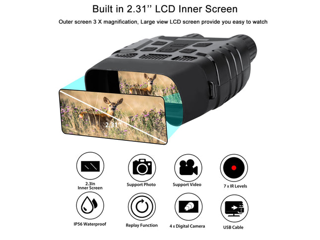 Black wildlife camera with 2.31-inch LCD screen and various features listed on a white background.