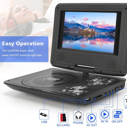 Portable DVD player with screen displaying a scenic image, surrounded by technical features and text on a white background.