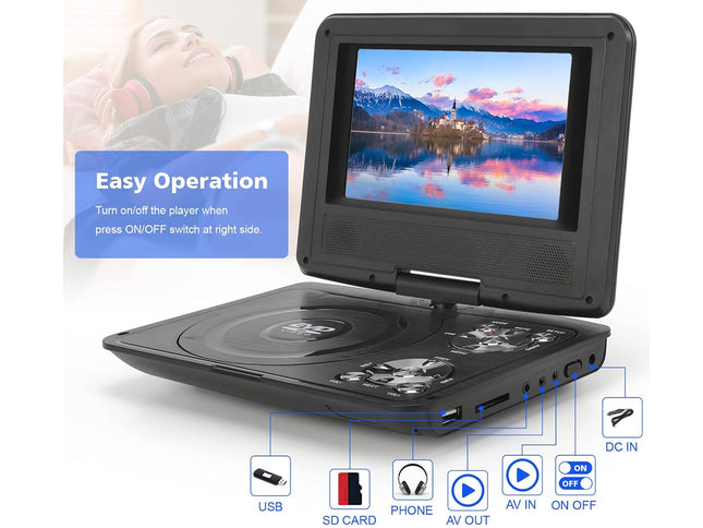 Portable DVD player with screen displaying a scenic image, surrounded by technical features and text on a white background.