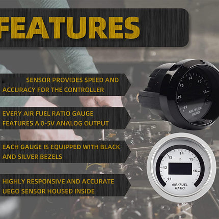 Gauges with features listed on a dark background