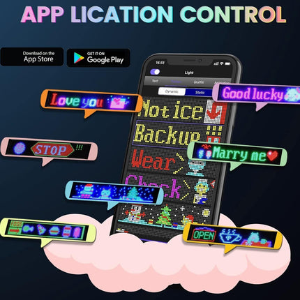 Promotional graphic for an app called 'App Lication Control' showing a smartphone with a colorful digital lock screen interface and floating speech bubbles with phrases like 'Love you', 'Good lucky', 'STOP', and 'Harry me' on a dark background with a pink cloud.
