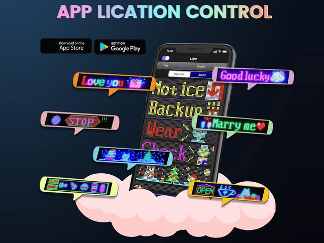 Promotional graphic for an app called 'App Lication Control' showing a smartphone with a colorful digital lock screen interface and floating speech bubbles with phrases like 'Love you', 'Good lucky', 'STOP', and 'Harry me' on a dark background with a pink cloud.
