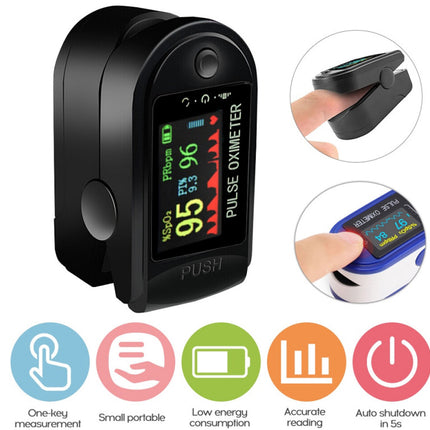 Finger pulse oximeter with inset images and feature icons on a white background