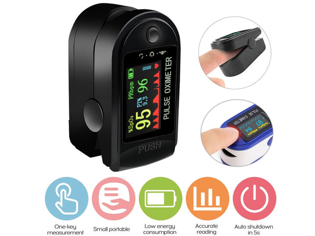 Finger pulse oximeter with inset images and feature icons on a white background