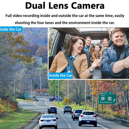 Advertisement for a dual lens camera showing road and car interior views.