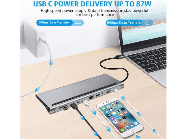 A silver USB-C hub shown on a light wood desk, connected to a wall charger, a laptop, and a smartphone. Blue text and arrows highlight USB-C power delivery up to 87W, 5Gbps data transfer, and high-speed charging.