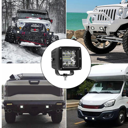 Collage of vehicles with a focus on off-road lights, including a close-up of a light unit.