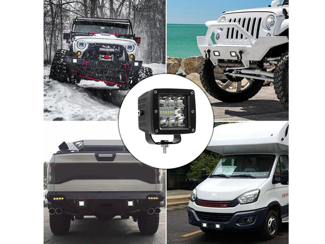 Collage of vehicles with a focus on off-road lights, including a close-up of a light unit.