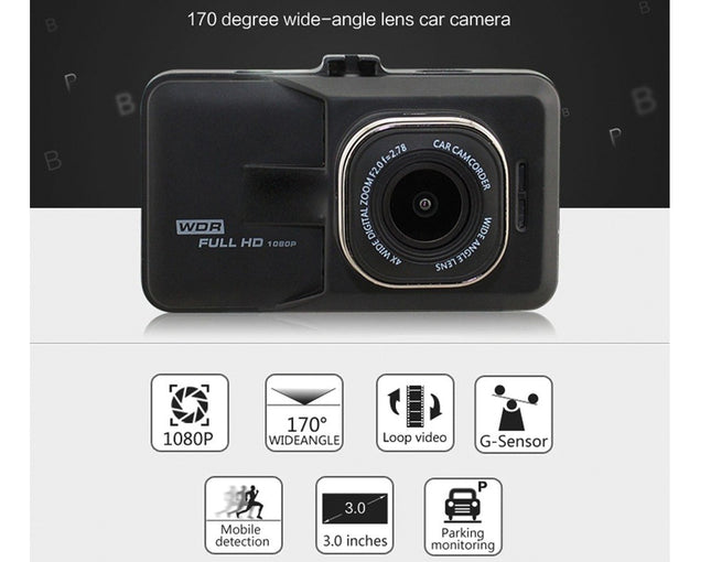 Car camera with features listed on a white background