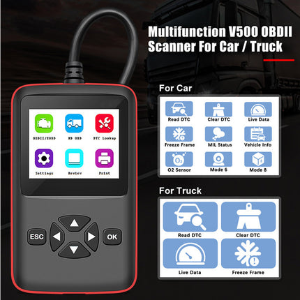Multifunctional OBDII scanner for car and truck with display of features.
