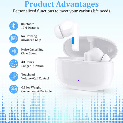 Wireless earbuds with charging case on a white background, featuring product advantages.