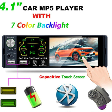 A 4.1-inch car MP5 player with a capacitive touch screen and 7-color backlight, shown with a hand pointing at the screen, various feature icons, and text on a white background.