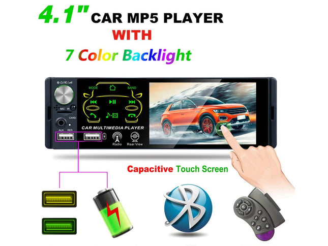 A 4.1-inch car MP5 player with a capacitive touch screen and 7-color backlight, shown with a hand pointing at the screen, various feature icons, and text on a white background.
