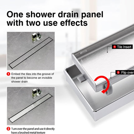 Shower drain panel with two use effects on a white background