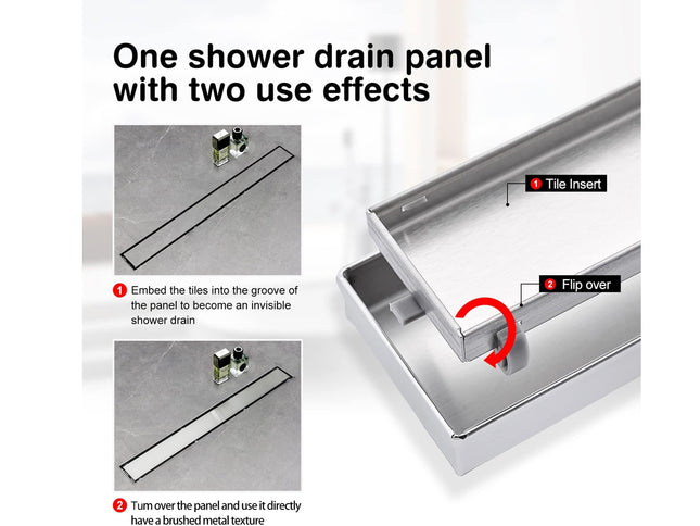 Shower drain panel with two use effects on a white background