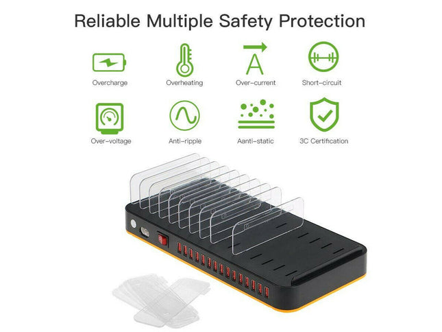 Black electronic device with safety protection features on a white background