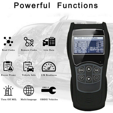 Car diagnostic tool with functions listed on a white background