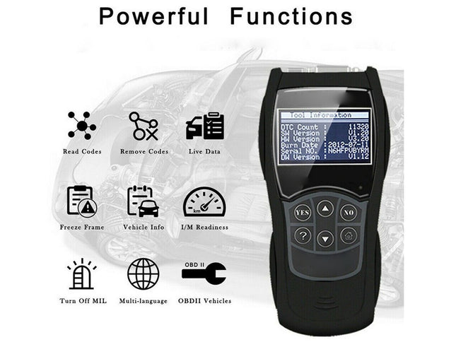 Car diagnostic tool with functions listed on a white background