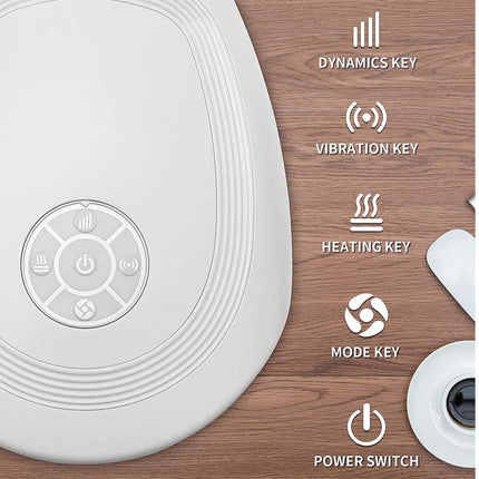White oval electronic device with a circular control panel, shown on a wood surface next to labeled callout icons for dynamics key, vibration key, heating key, mode key, and power switch.