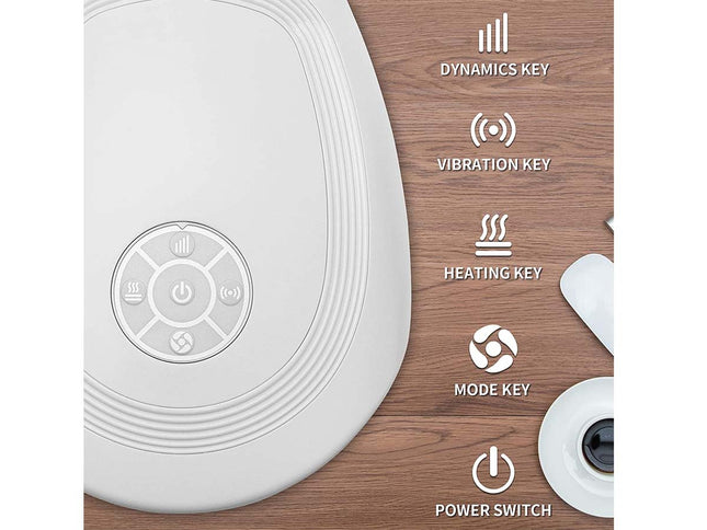 White oval electronic device with a circular control panel, shown on a wood surface next to labeled callout icons for dynamics key, vibration key, heating key, mode key, and power switch.