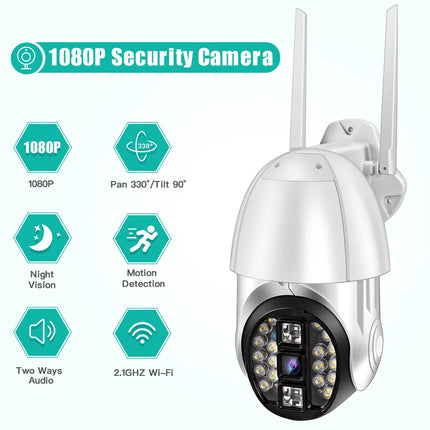 A white and silver wireless security camera with two antennas, shown next to feature icons for 1080p resolution, panoramic 330-degree coverage, night vision, motion detection, two-way audio, and 2.1GHz Wi-Fi.