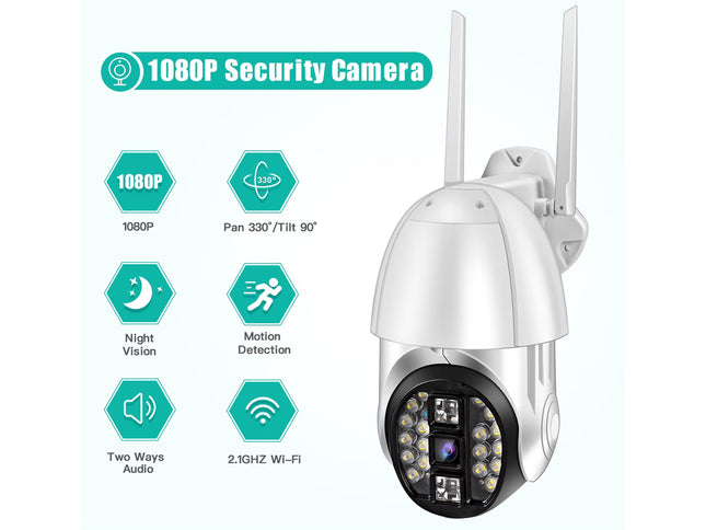 A white and silver wireless security camera with two antennas, shown next to feature icons for 1080p resolution, panoramic 330-degree coverage, night vision, motion detection, two-way audio, and 2.1GHz Wi-Fi.
