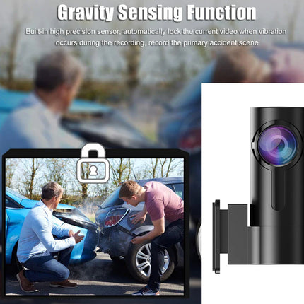 A black cylindrical car camera with a mounting bracket shown next to a screen preview of a video recording scene, with text at the top reading 'Gravity Sensing Function' and a blurred car accident scene in the background.