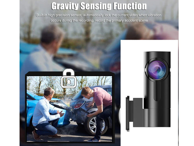 A black cylindrical car camera with a mounting bracket shown next to a screen preview of a video recording scene, with text at the top reading 'Gravity Sensing Function' and a blurred car accident scene in the background.