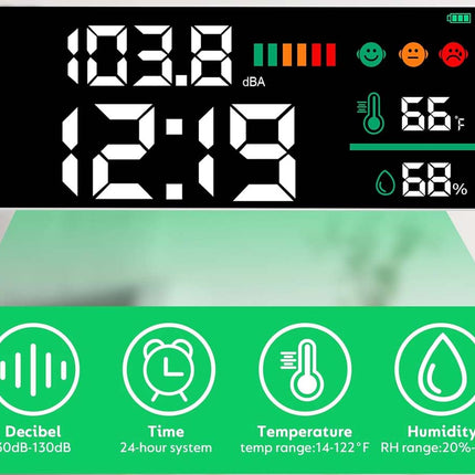 Digital sound level and environment monitor with a black display showing time, decibel level, temperature, and humidity, plus a green feature banner below with icons for decibel, time, temperature, and humidity.